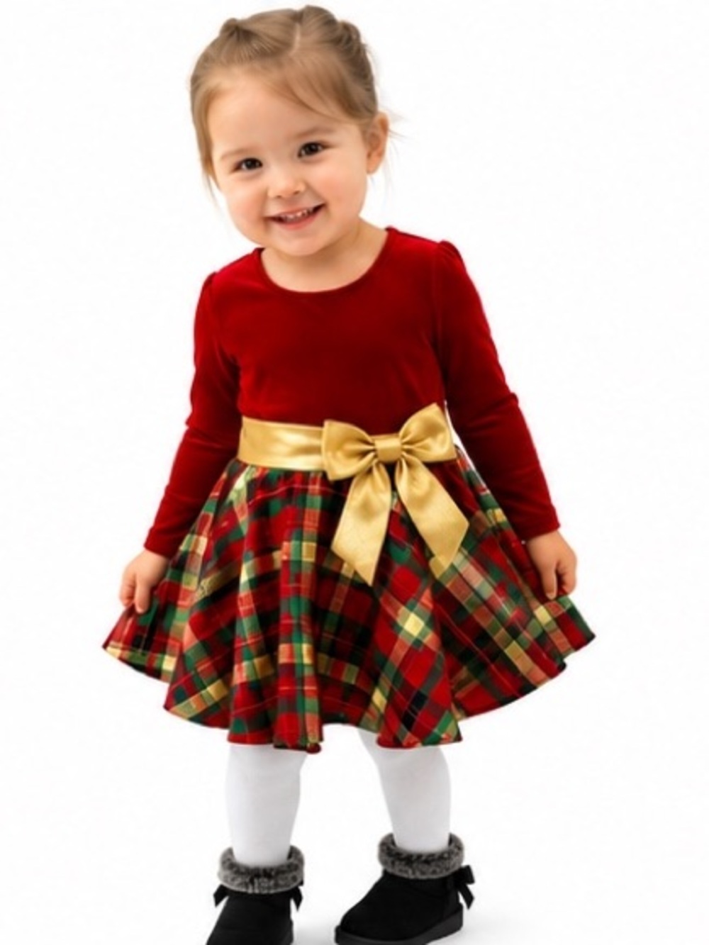 Bonnie Jean Red Velvet Top Plaid Skirt Holiday Dress with Gold Bow